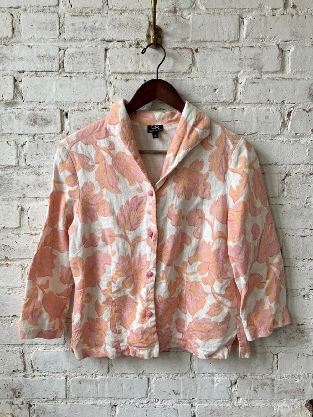 Floral Linen Shirt Jacket Pink Orange Botanical Coastal Grandmother Resortcore